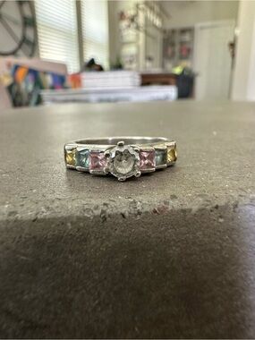 Vintage Sterling Silver Multicolor Gemstone Ring with Clear Center Stone